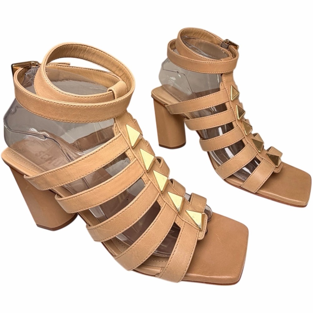 Schutz Kyrie Studded Cage Sandals Tan Leather Block Heel Ankle Strap 8 Gladiator - Picture 6 of 14